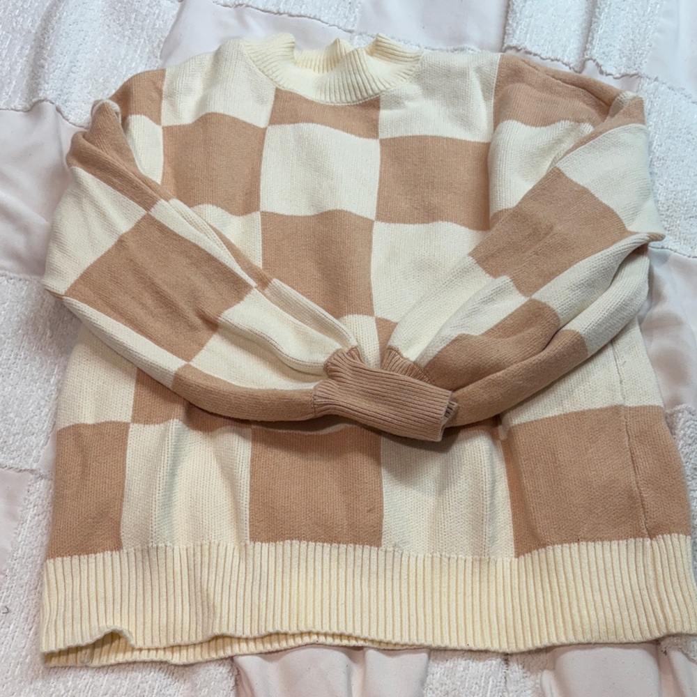 Elegant Beige and Cream Checkered Women's Sweater